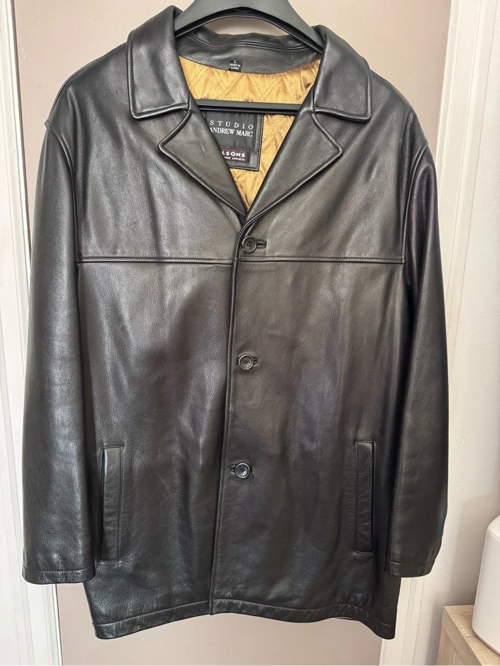 Andrew Marc Vintage Black Leather Trench Coat with Gold Quilted Lining